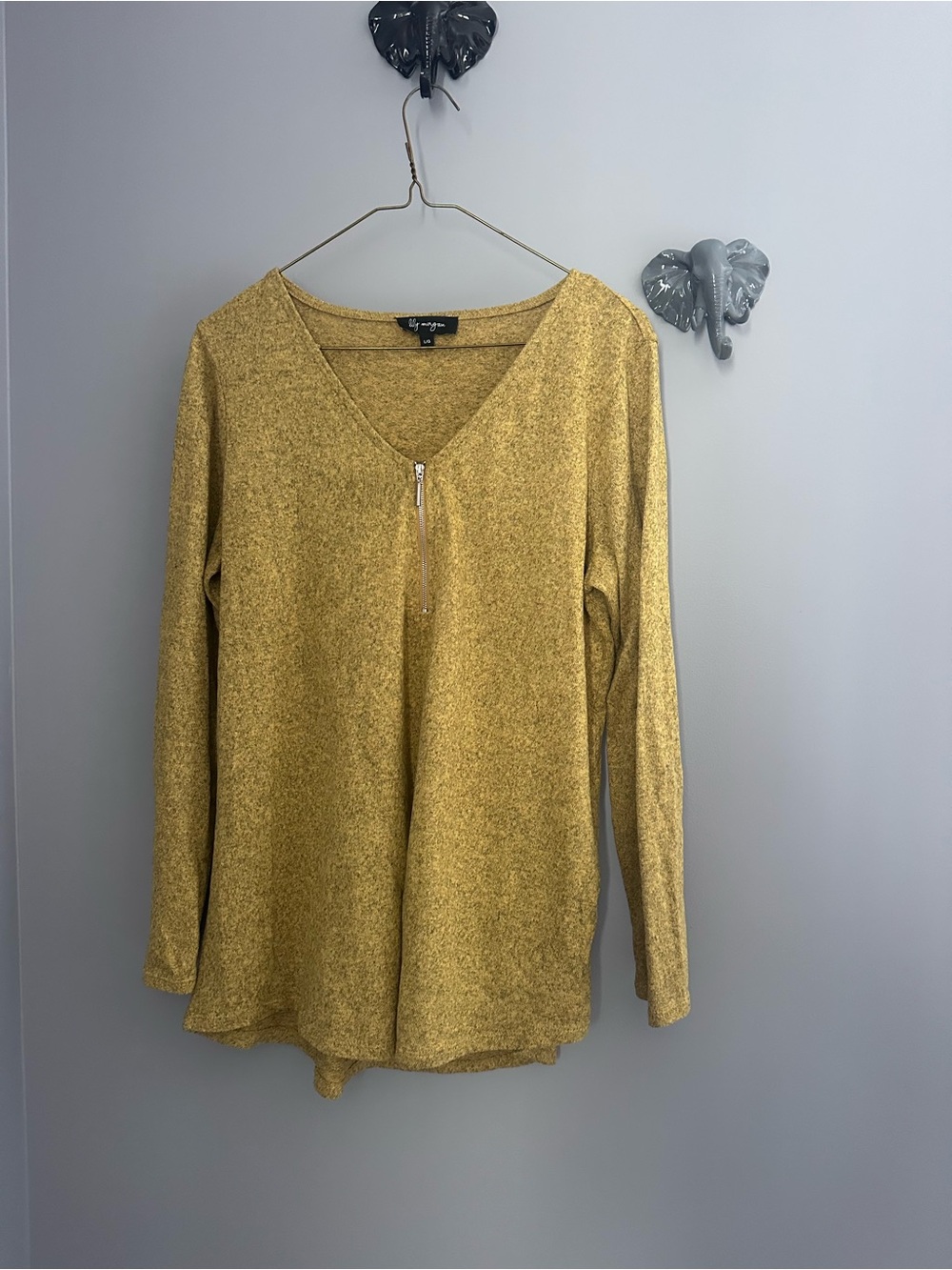 Lily Morgan heathered mustard V-Neck Zip Pullover Top